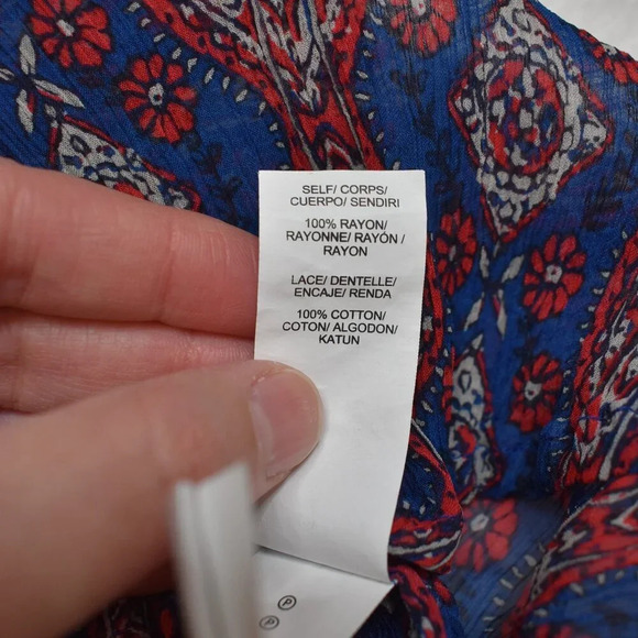 Lucky Brand Floral Crochet Peasant Blouse Sz M Crinkle Sheer Southwestern Boho - Picture 13 of 16